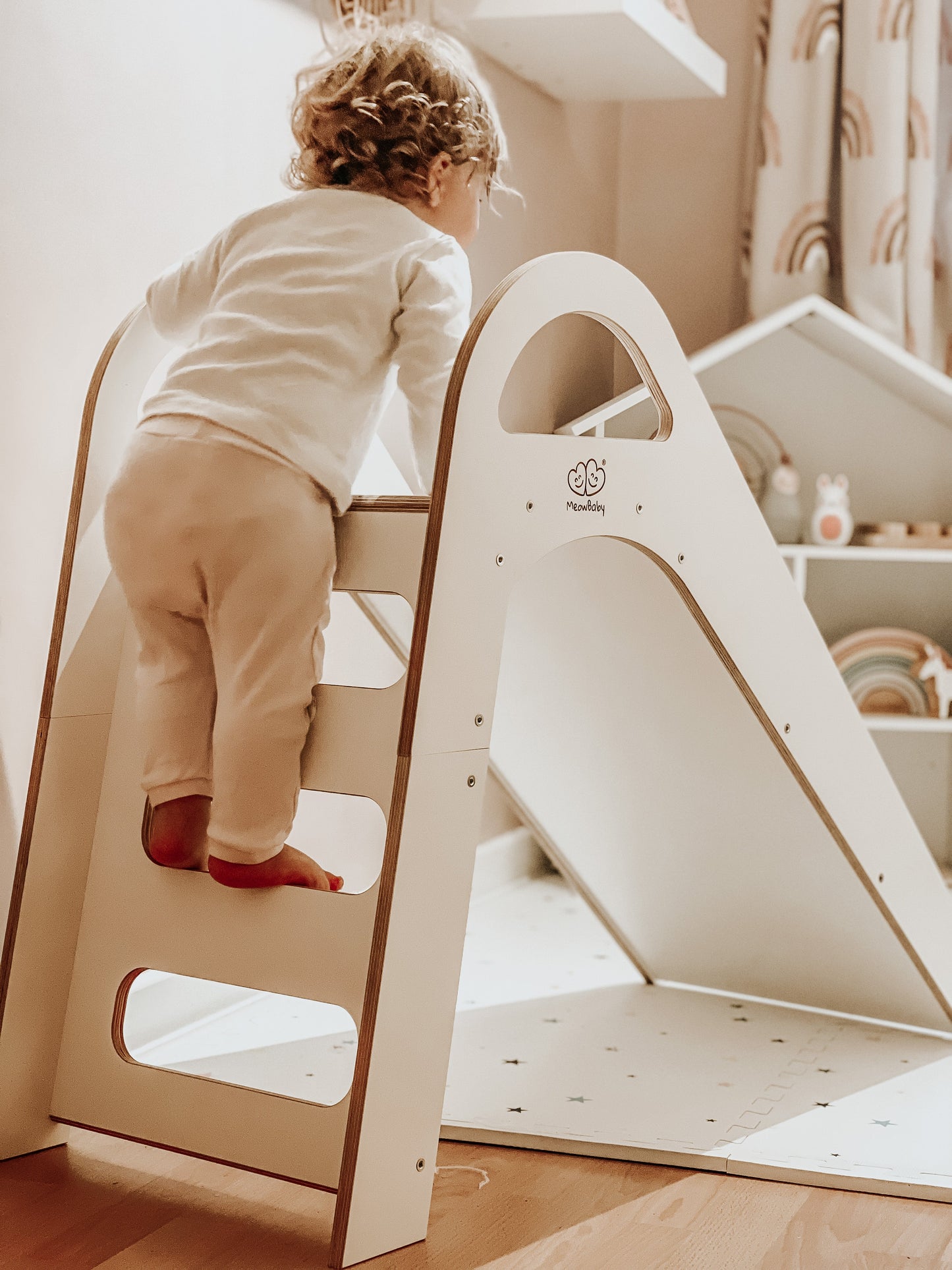 Scandinavian-style wooden slide for kids